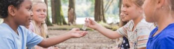 Kinder die im Wald sitzen und sich ein ätherisches Öl herum reichen